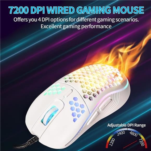 Honeycomb Wired Gaming Mouse, RGB Backlight and 7200 Adjustable DPI, Ergonomic - Picture 4 of 6